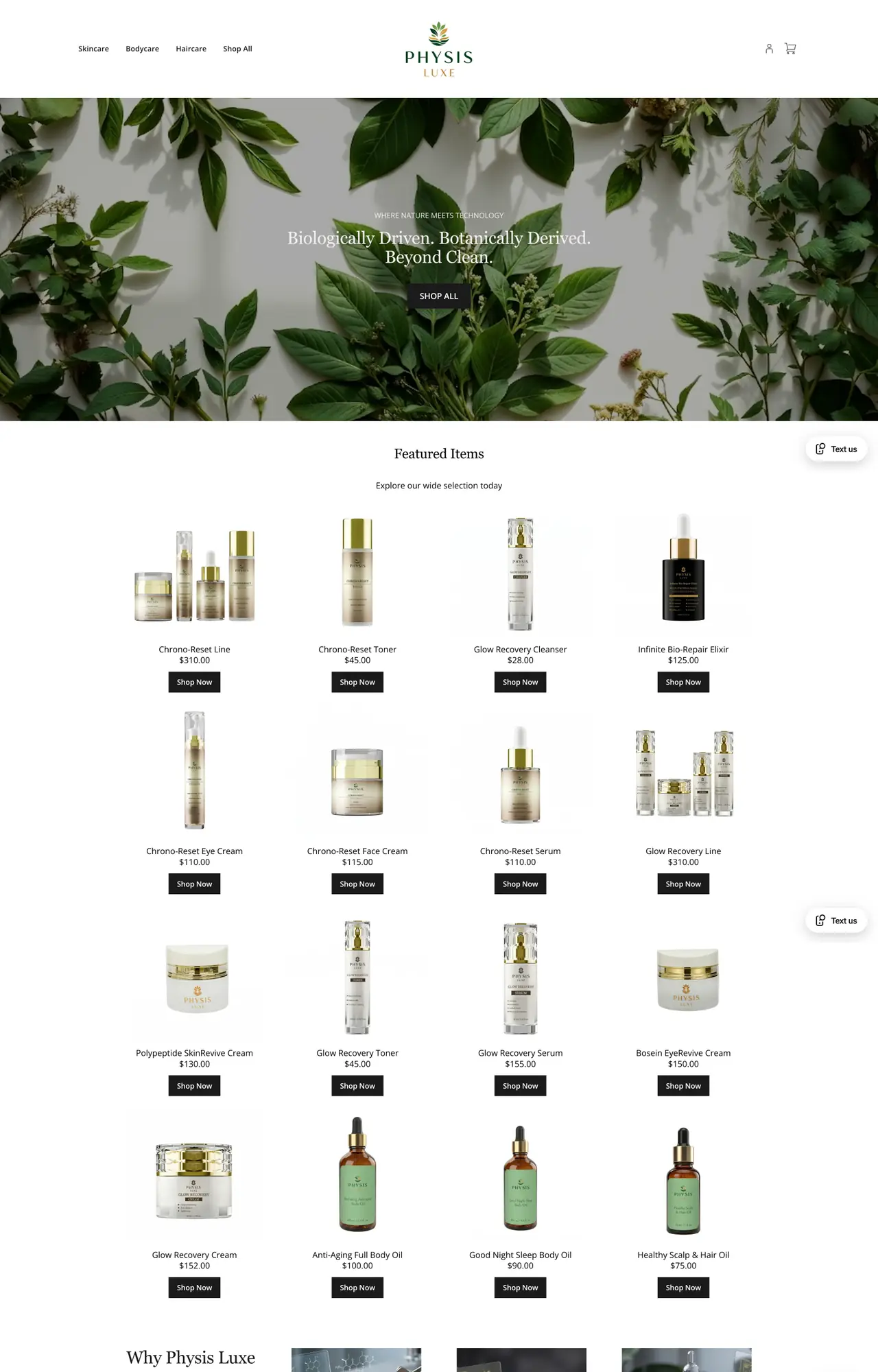 Desktop view of the Physis Luxe luxury skincare storefront