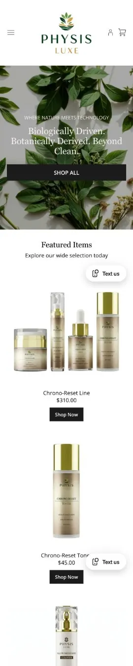 Mobile view of the Physis Luxe skincare storefront